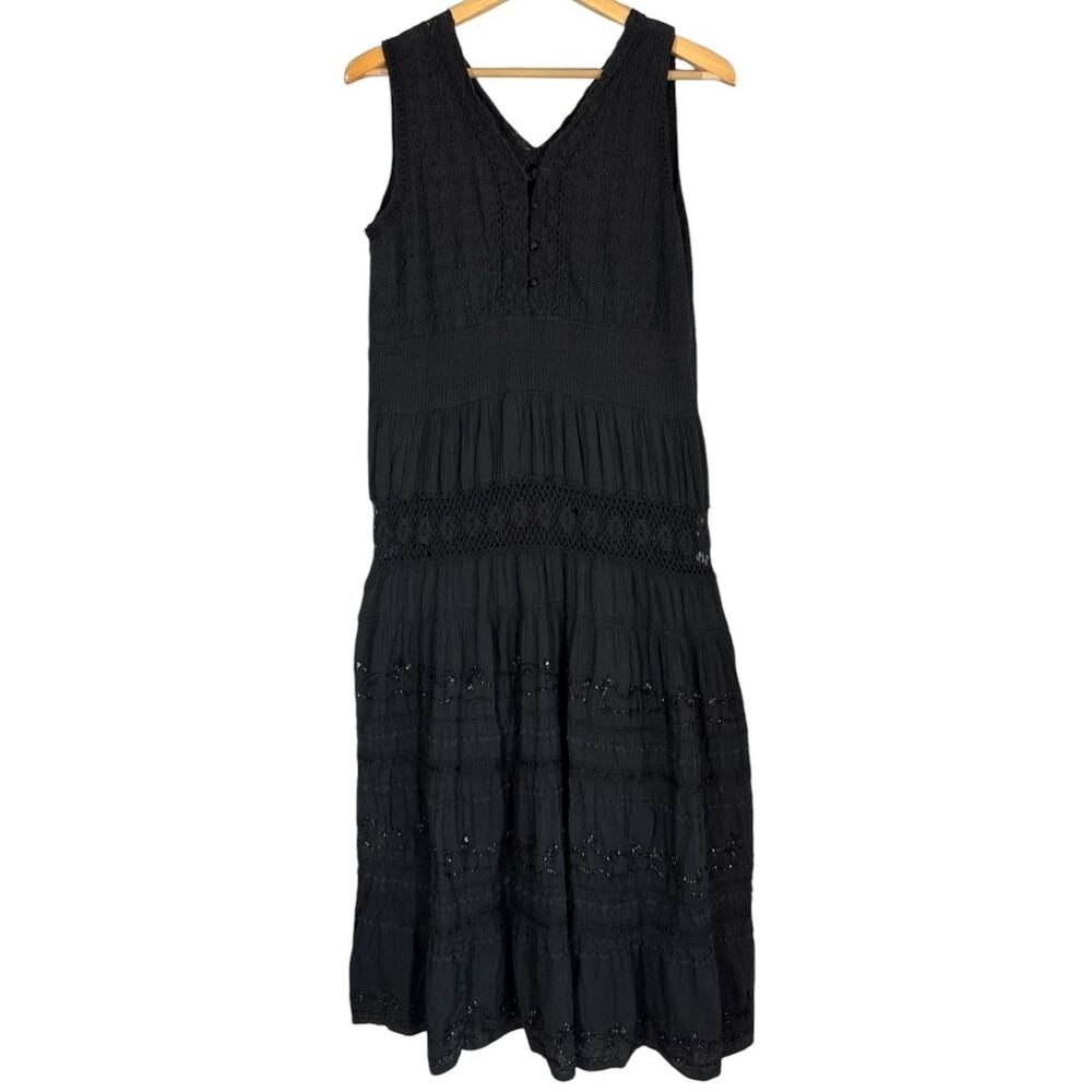 Vintage Black Sleeveless Tiered Midi Dress Beaded Crochet Drop Waist Summer